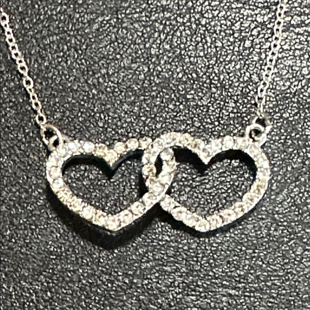 63.  Double Rhinestone Heart Silver Tone Necklace